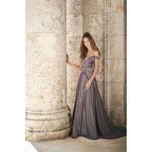 NEW PANOPLY women's beaded off shoulder shimmer gown in purple silver